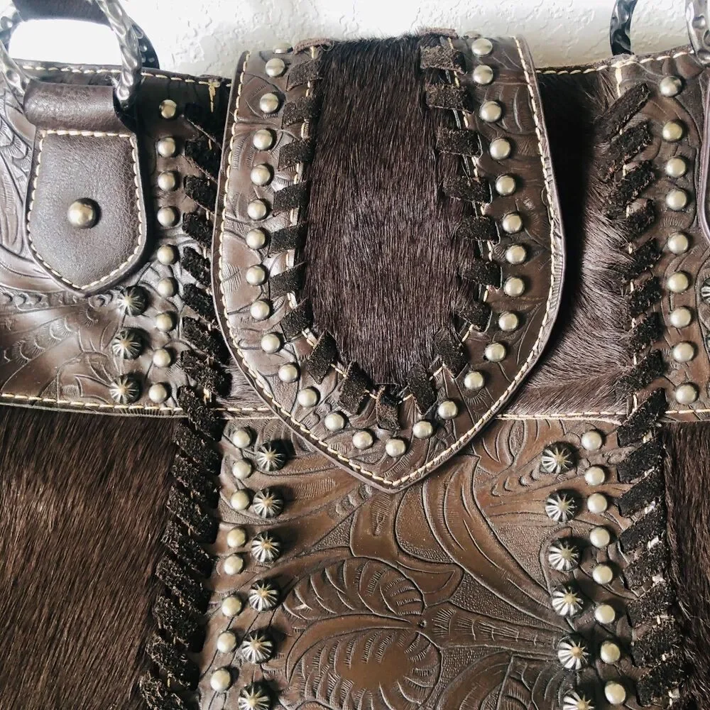 Montana West Trinity Ranch Hair on Cowhide Tooled Leather Concealed Carry Bag